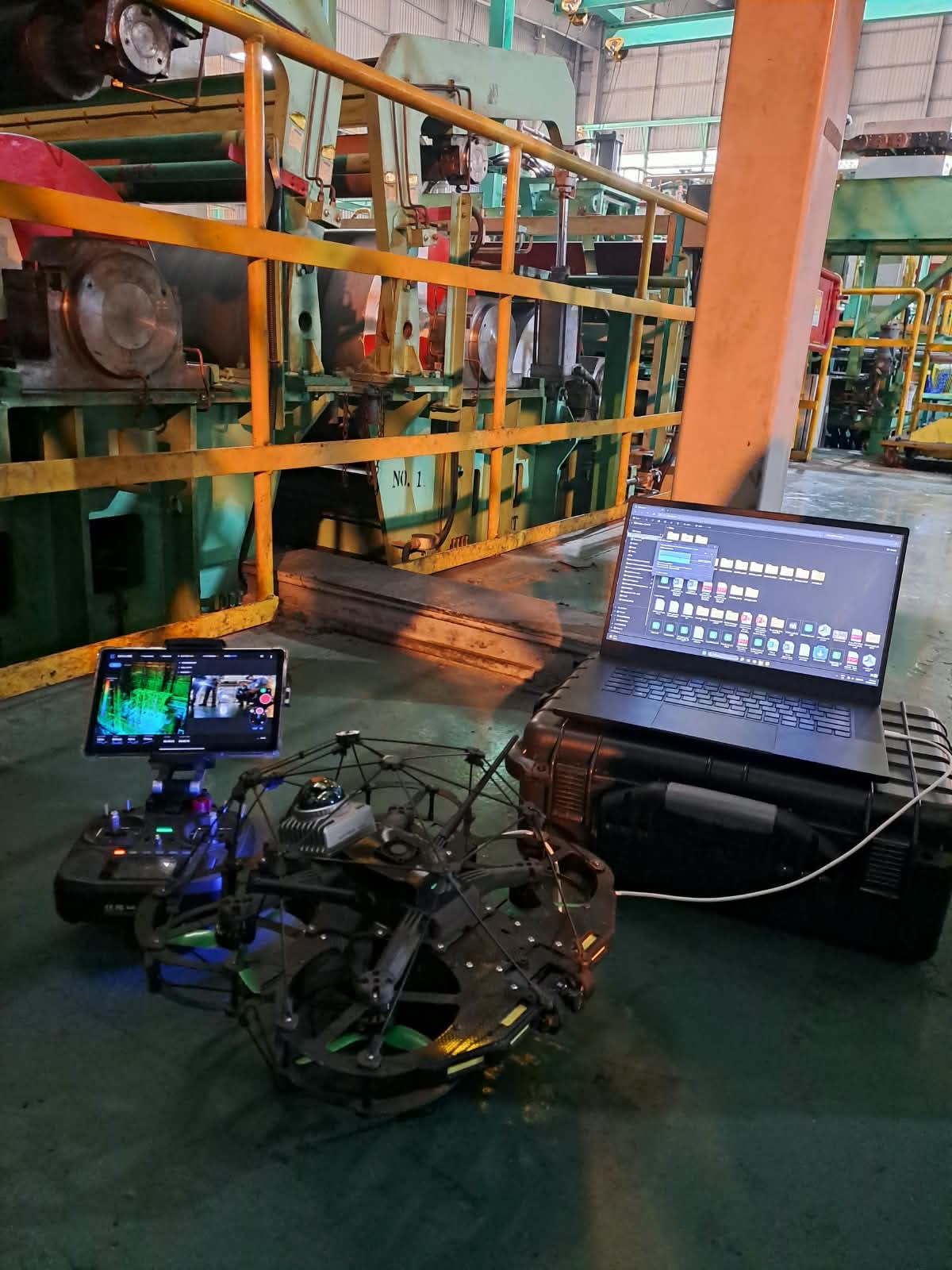 Skyline drone with laptop inside an industrial plant